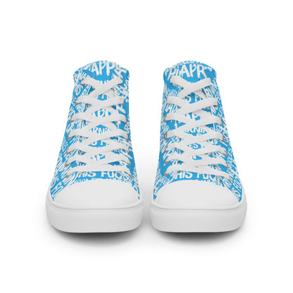 Front view laced up womens sneakers HappyStuff blue high tops with playful white print Warning This Foot Jiggles When Happy