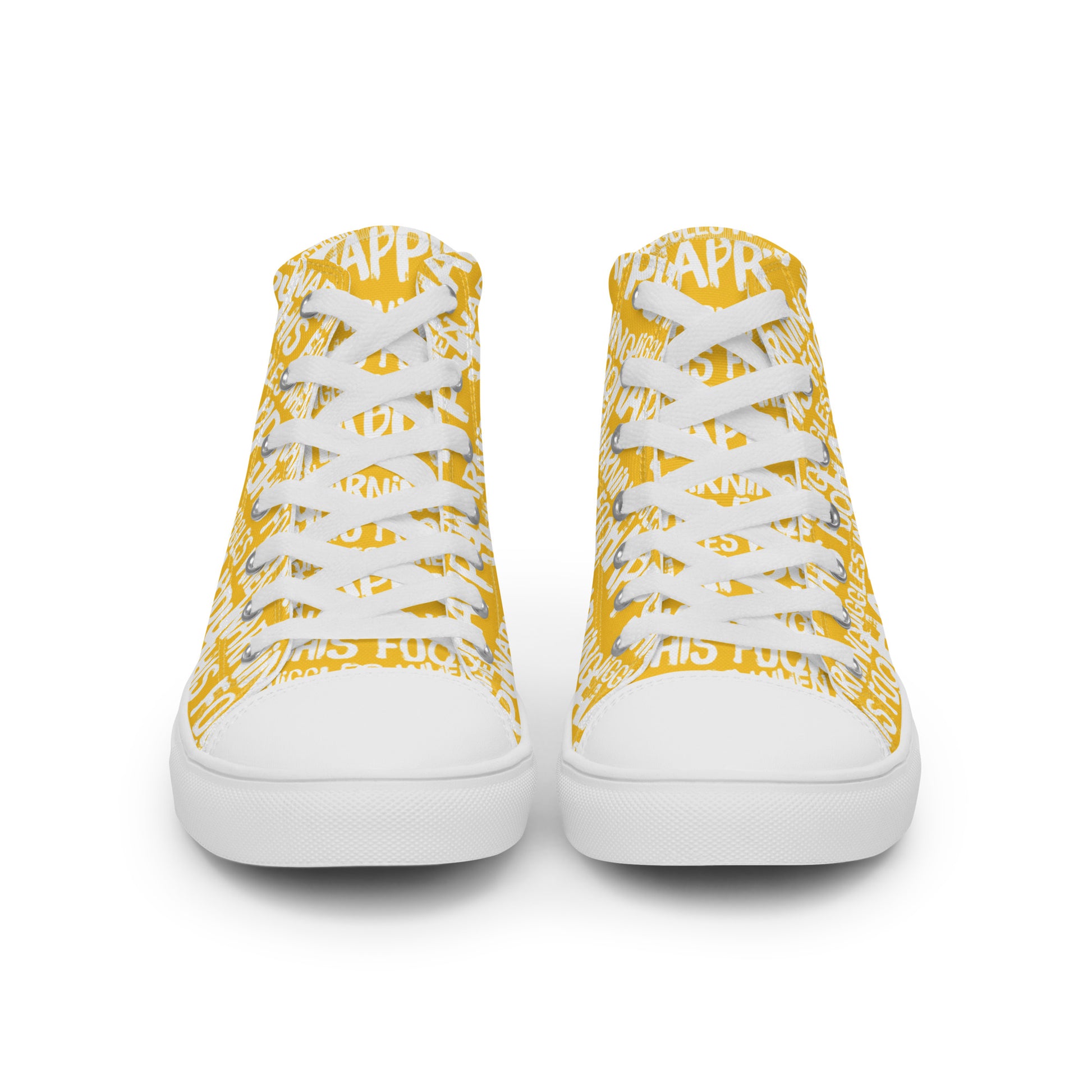 Front view laced up womens sneakers HappyStuff yellow high tops with playful white print Warning This Foot Jiggles When Happy