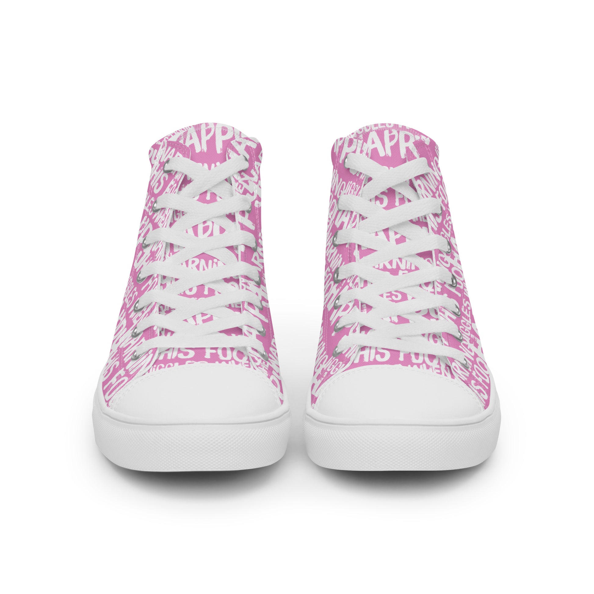 Front view laced up womens sneakers HappyStuff pink high tops with playful white print Warning This Foot Jiggles When Happy