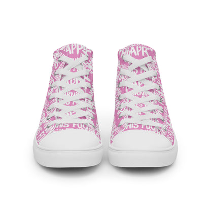 Front view laced up womens sneakers HappyStuff pink high tops with playful white print Warning This Foot Jiggles When Happy