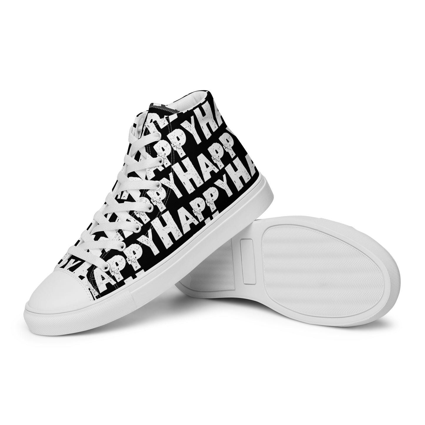 Vintage Shoes style black and white Happy Sponge Print High Tops EVA Rubber Outsole closeup sole view