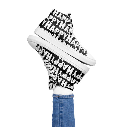 Womans right foot propping up a Happy Sponge Printed High Top Sneaker balancing left HappyStuff fun black and white shoes 