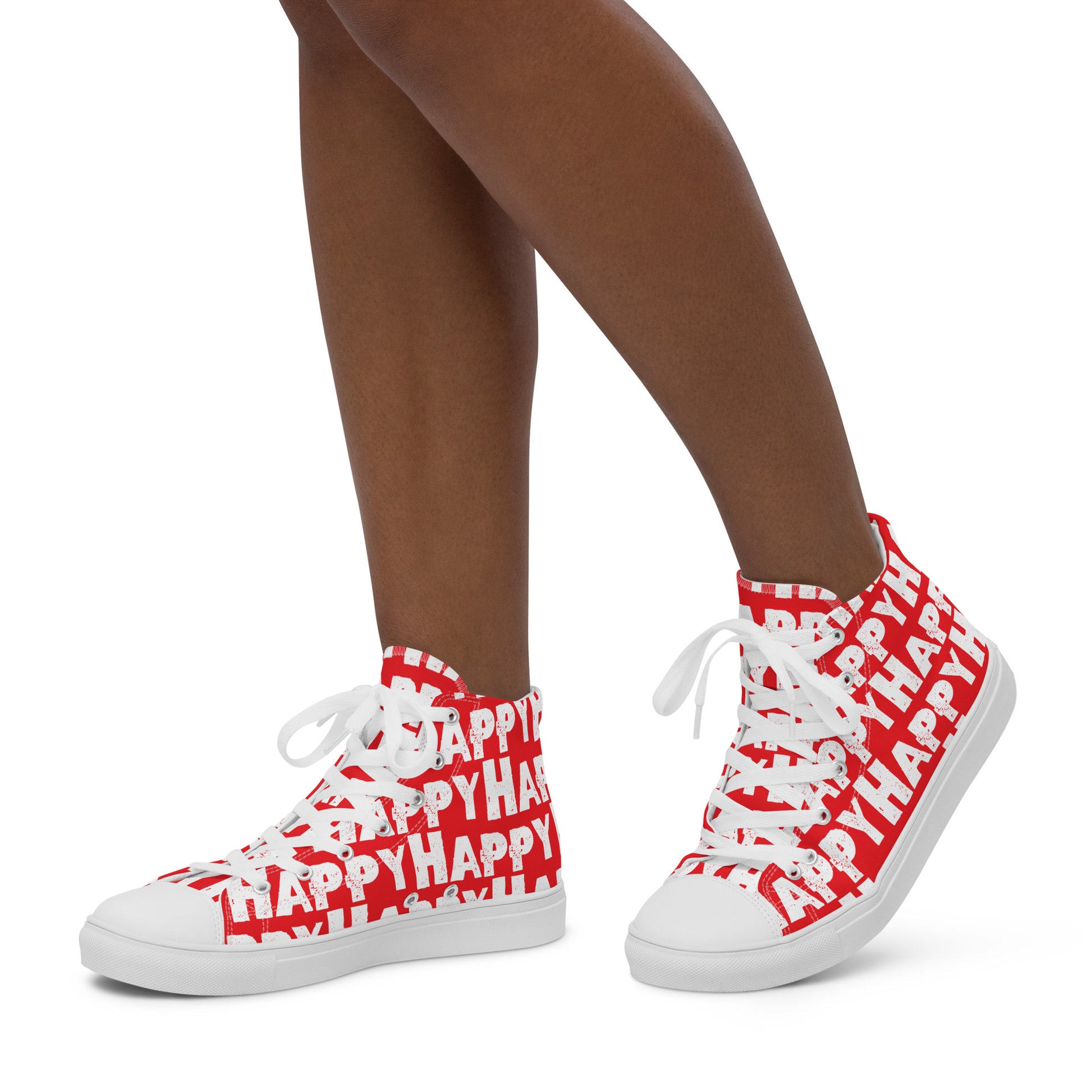 Womans feet walking in happy shoes Happy sponge printed high top canvas sneakers red and white shoes HappyStuff brand