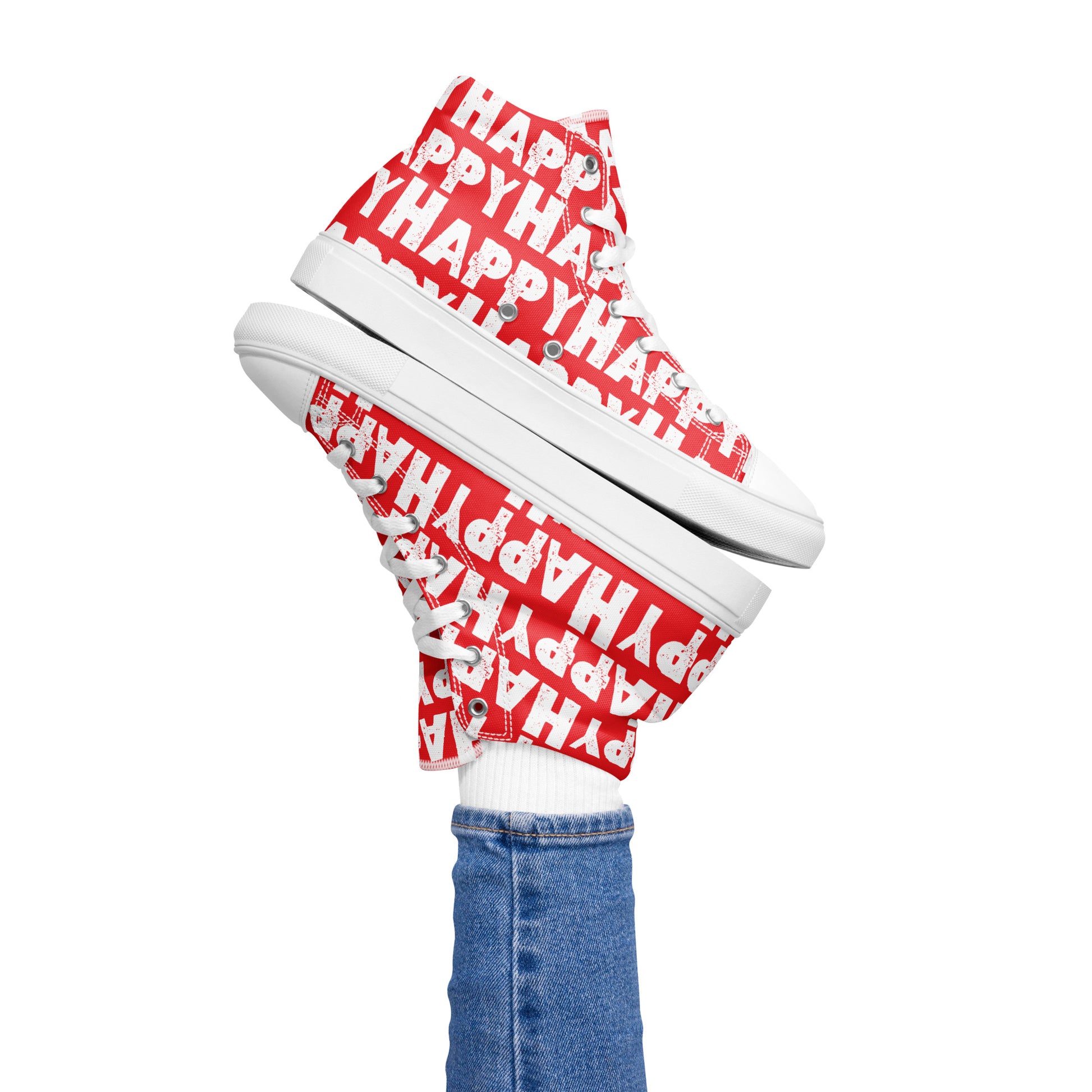 Womans right foot propping up a Happy Sponge Printed High Top Sneaker balancing left HappyStuff fun red and white shoes