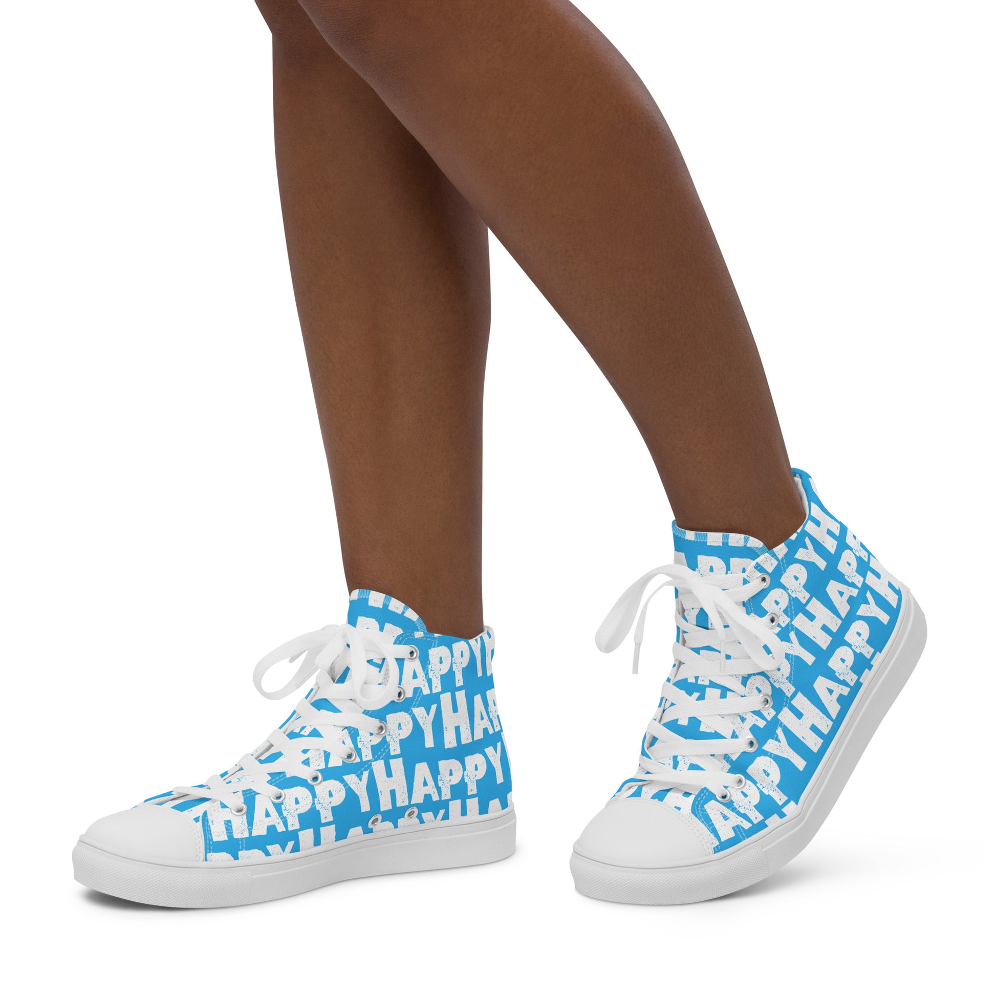 Womans feet walking in happy shoes Happy sponge printed high top canvas sneakers blue and white shoes HappyStuff brand