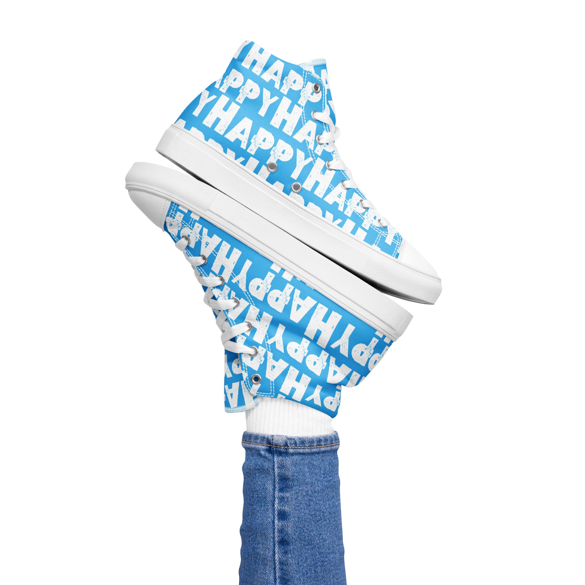 Womans right foot propping up a Happy Sponge Printed High Top Sneaker balancing left HappyStuff fun blue and white shoes