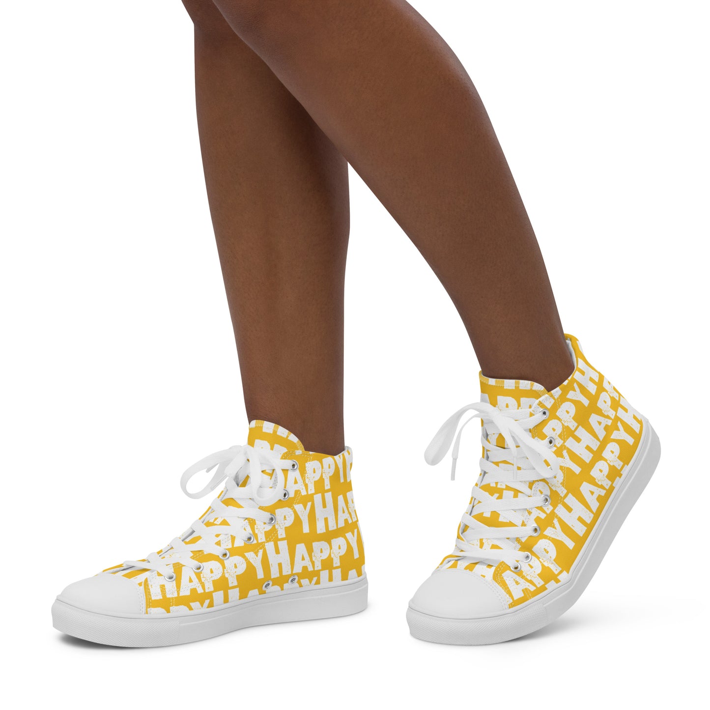 Womans feet walking in happy shoes Happy sponge printed high top canvas sneakers yellow and white shoes HappyStuff brand