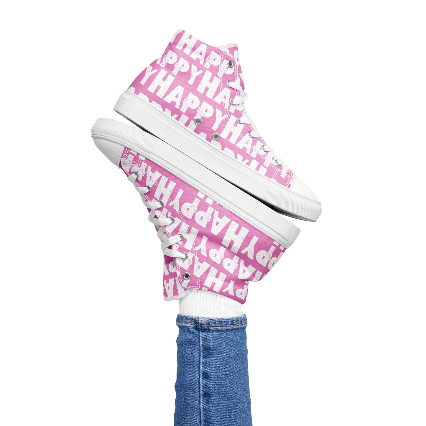 Womans right foot propping up a Happy Sponge Printed High Top Sneaker balancing left HappyStuff fun pink and white shoes