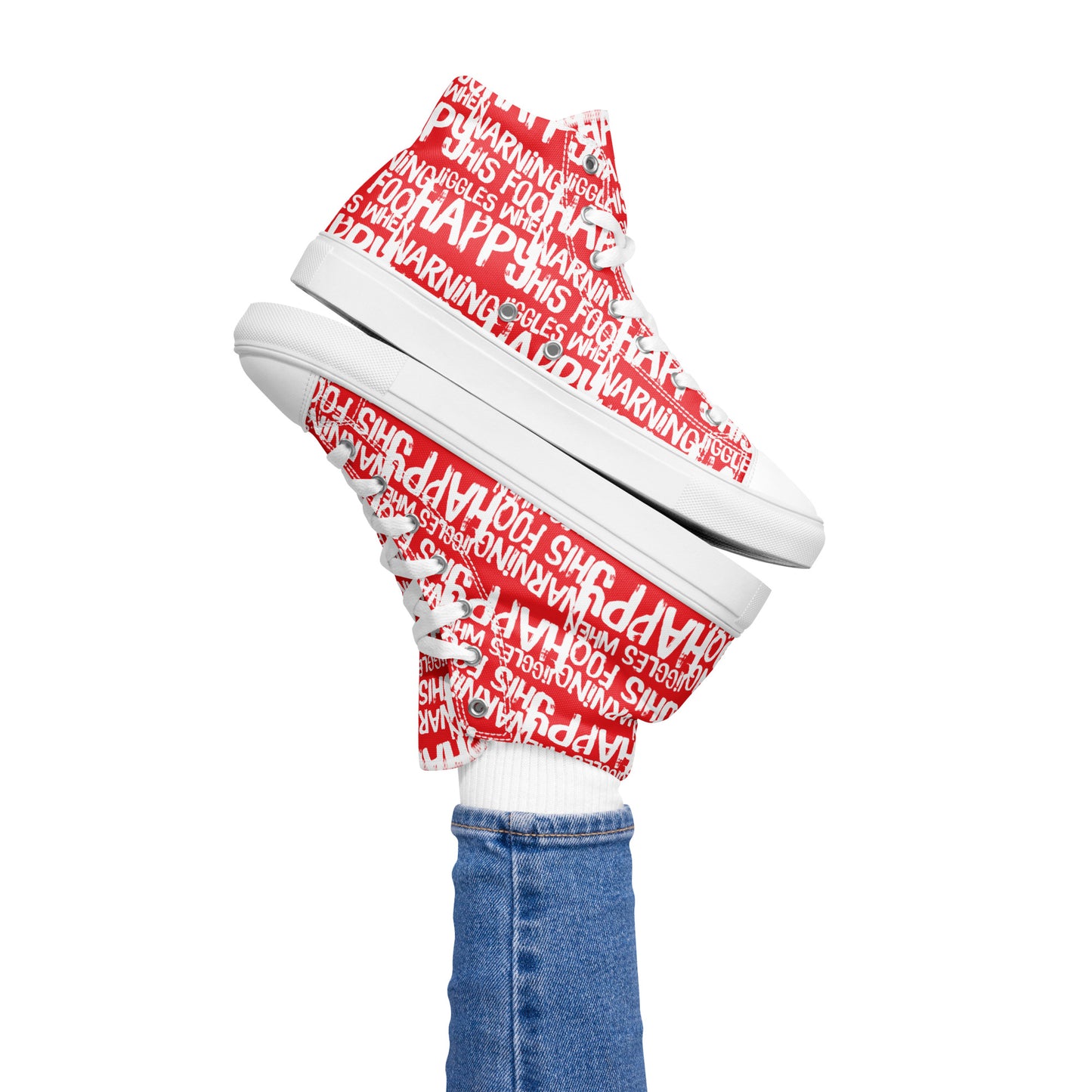 HappyStuff playful red and white print high tops Warning This Foot Jiggles When Happy Right foot balancing left sneaker