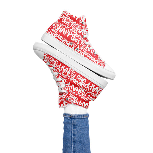 HappyStuff playful red and white print high tops Warning This Foot Jiggles When Happy Right foot balancing left sneaker