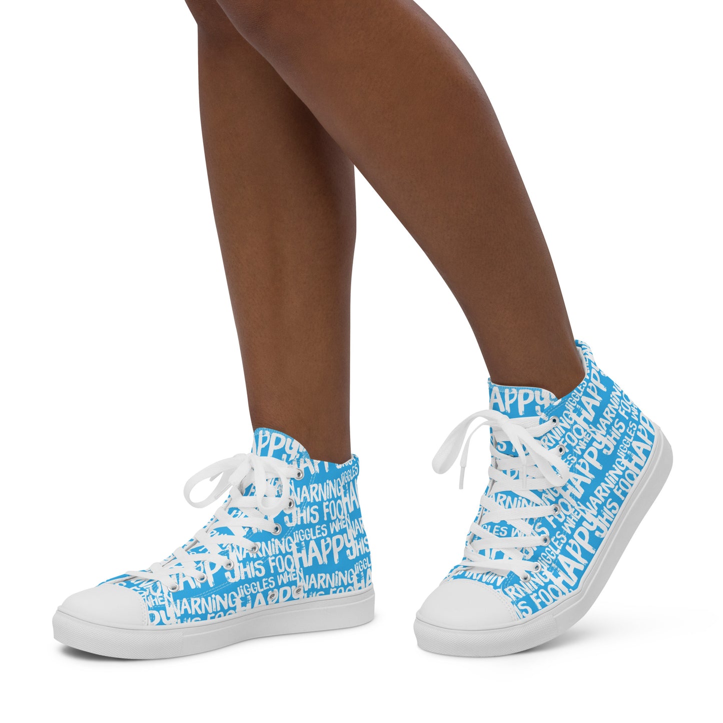 Womans feet walking in HappyStuff brand high top sneakers playful blue and white print Warning This Foot Jiggles When Happy