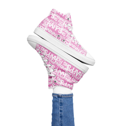 HappyStuff playful pink and white print high tops Warning This Foot Jiggles When Happy Right foot balancing left sneaker