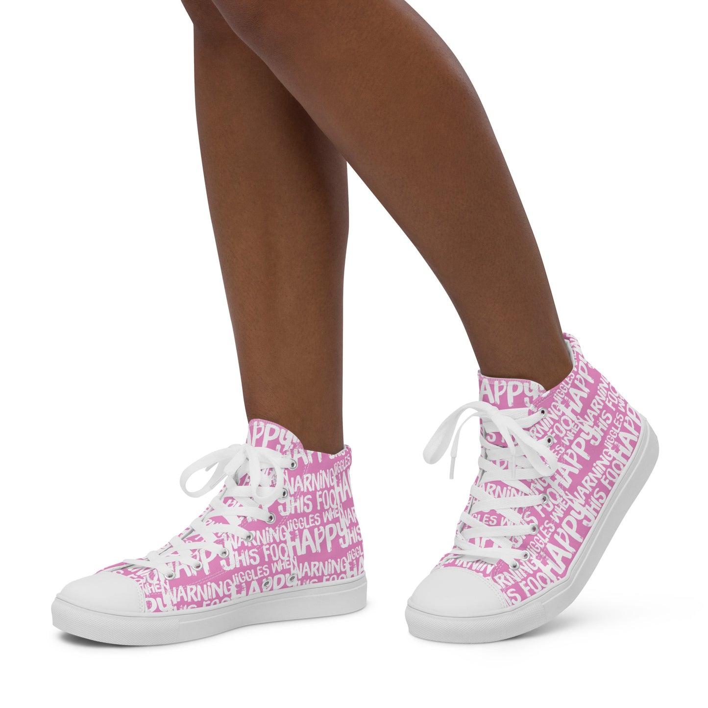 Womans feet walking in HappyStuff brand high top sneakers playful pink and white print Warning This Foot Jiggles When Happy