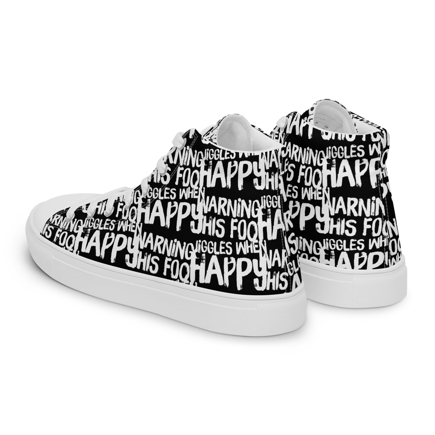 Womens sneakers side rear view HappyStuff black high tops with playful white print Warning This Foot Jiggles When Happy 