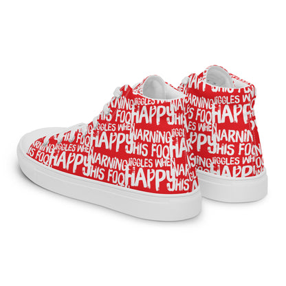 Womens sneakers side rear view HappyStuff red high tops with playful white print Warning This Foot Jiggles When Happy