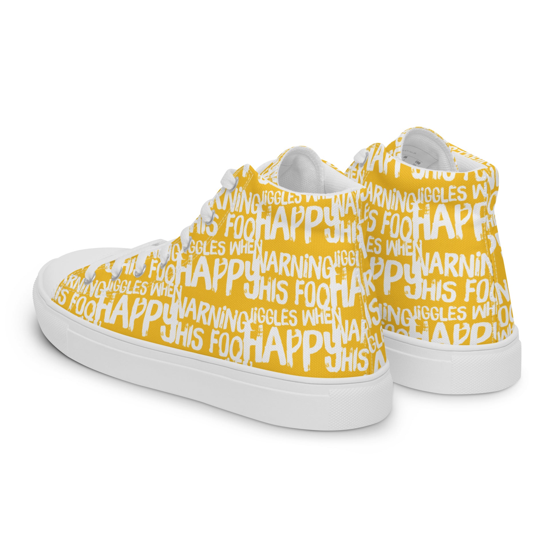 Womens sneakers side rear view HappyStuff yellow high tops with playful white print Warning This Foot Jiggles When Happy