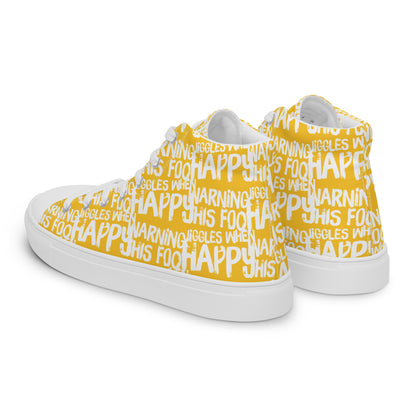 Womens sneakers side rear view HappyStuff yellow high tops with playful white print Warning This Foot Jiggles When Happy