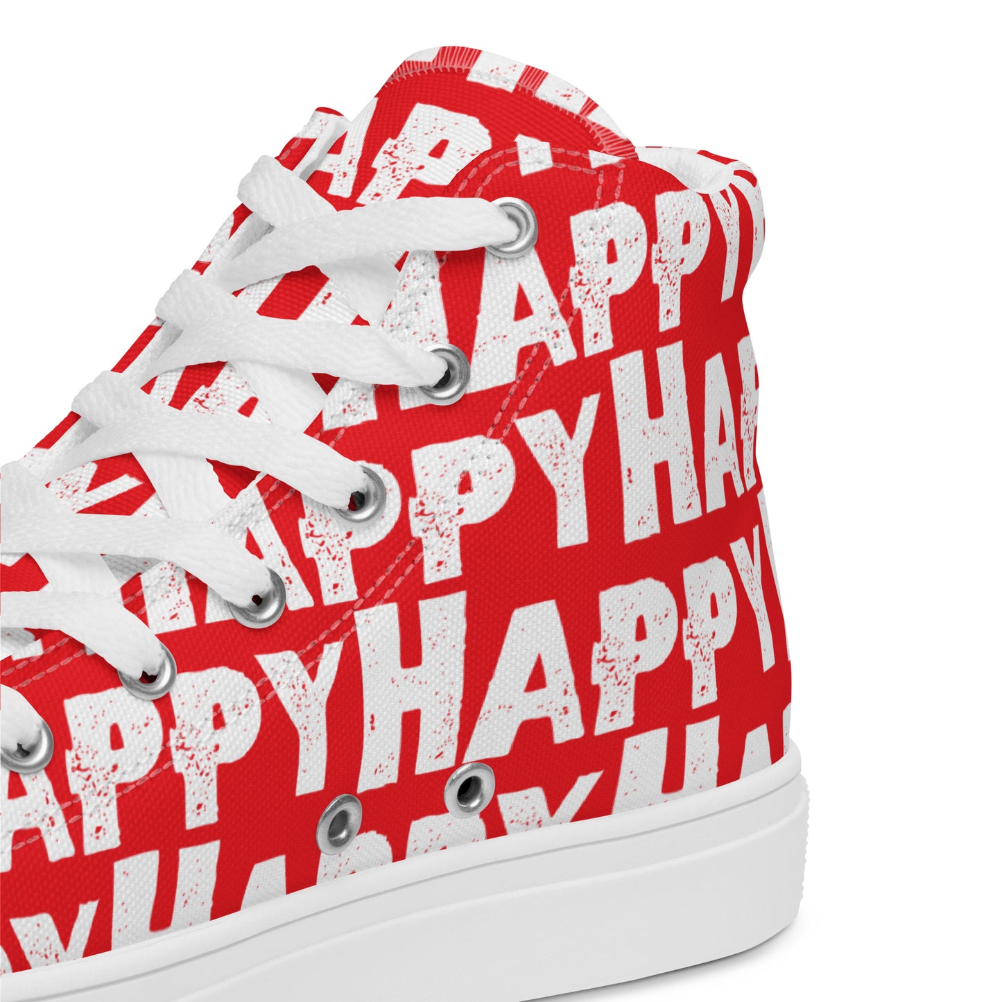 Womens Sneakers heel side closeup red and white Happy Sponge Print High Tops HappyStuff brand