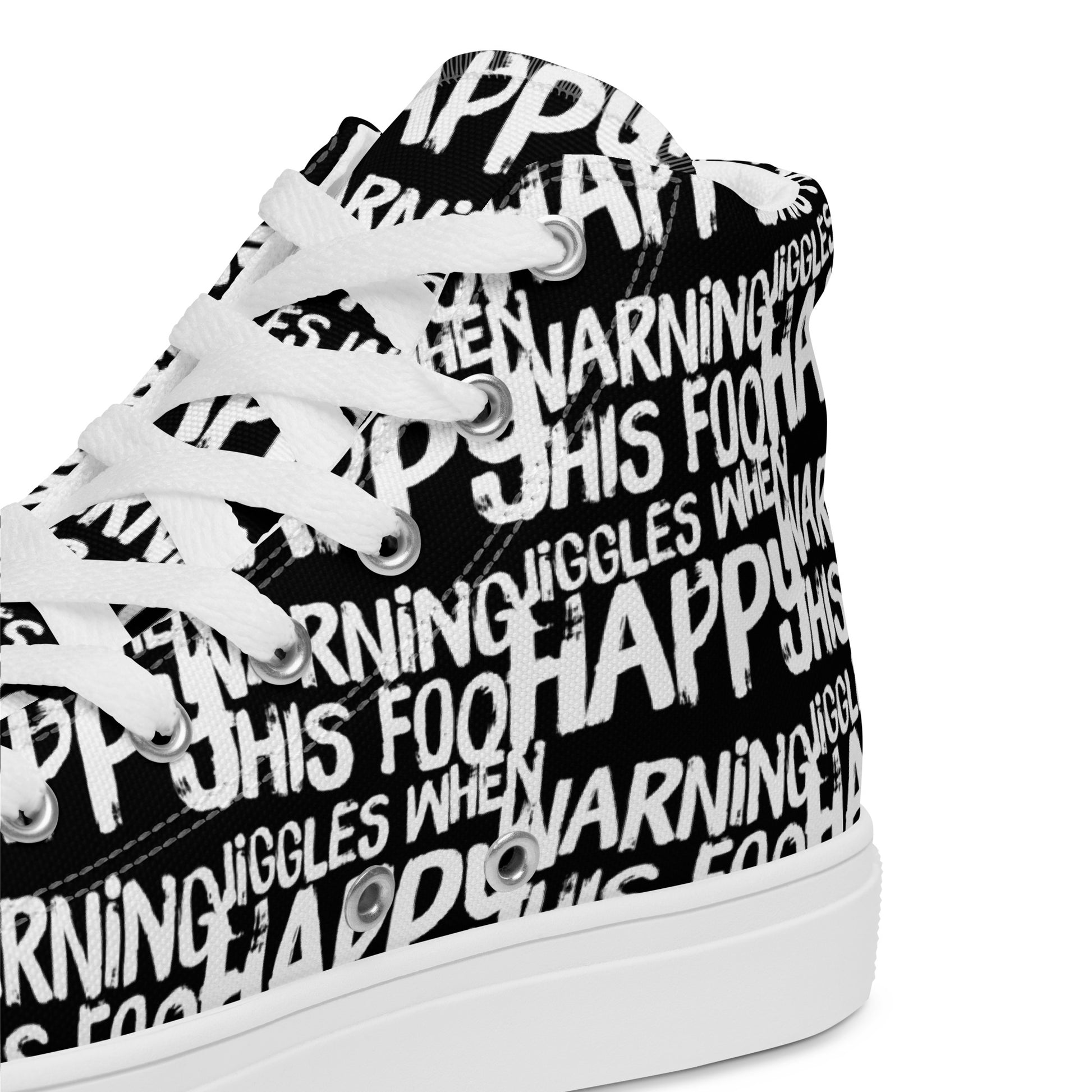 HappyStuff black high tops with playful white print Warning This Foot Jiggles When Happy inside heel side closeup view