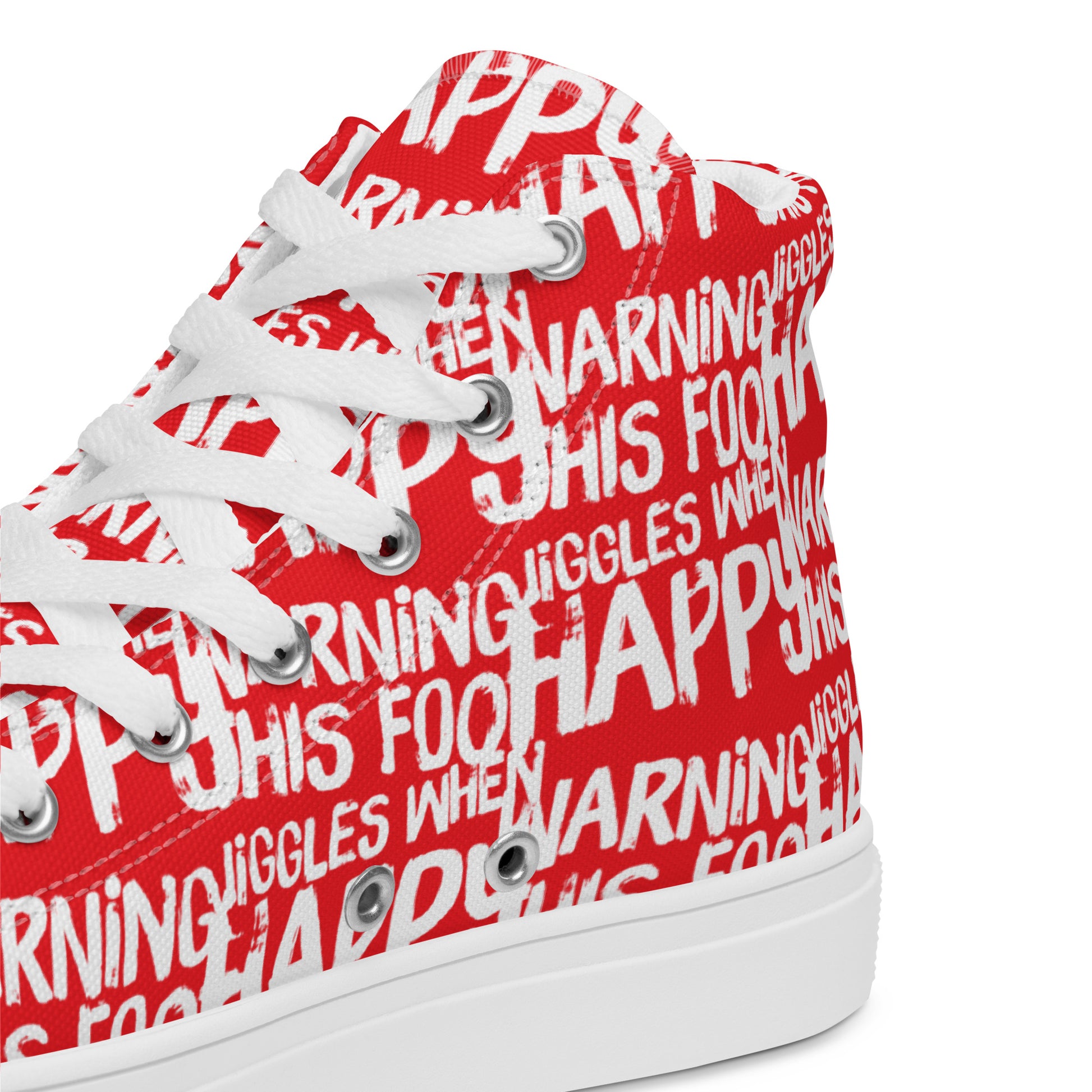 HappyStuff red high tops with playful white print Warning This Foot Jiggles When Happy inside heel side closeup view