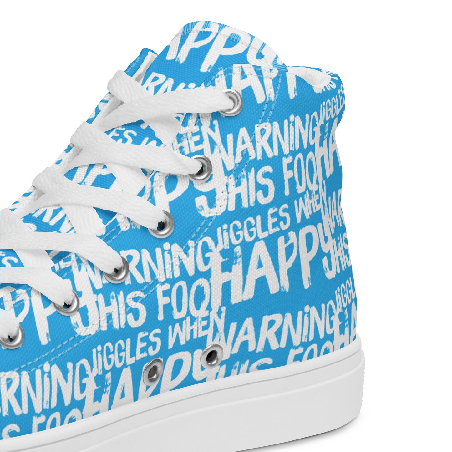 HappyStuff blue high tops with playful white print Warning This Foot Jiggles When Happy inside heel side closeup view