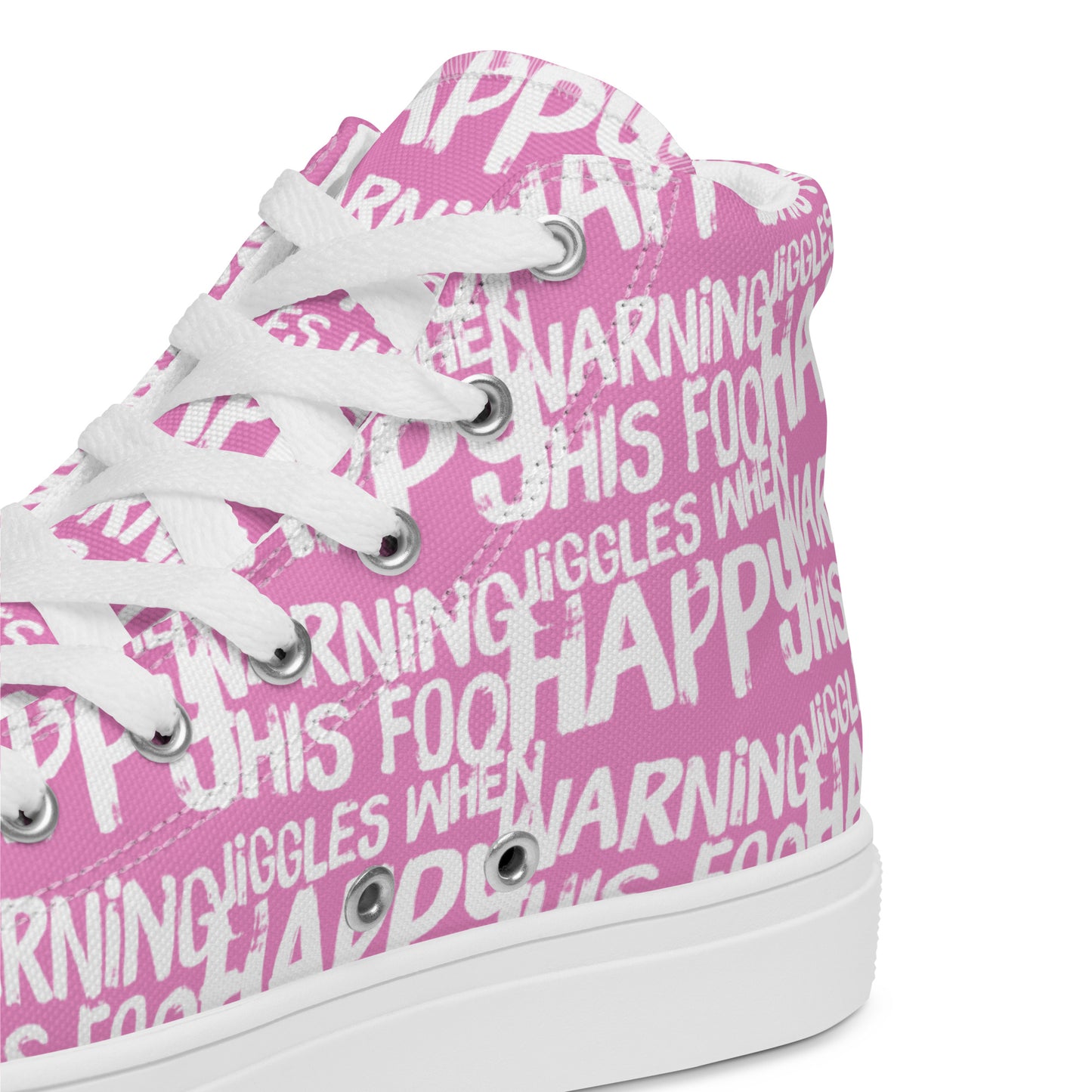 HappyStuff pink high tops with playful white print Warning This Foot Jiggles When Happy inside heel side closeup view