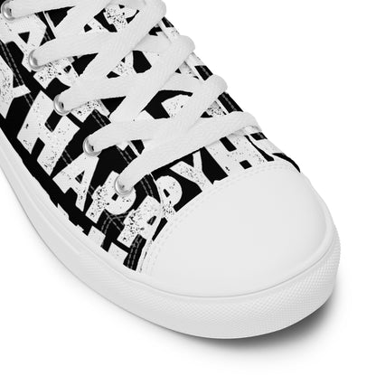 Fun Shoes black and white Happy Sponge Print High Tops lace up White laces faux leather toe cap closeup