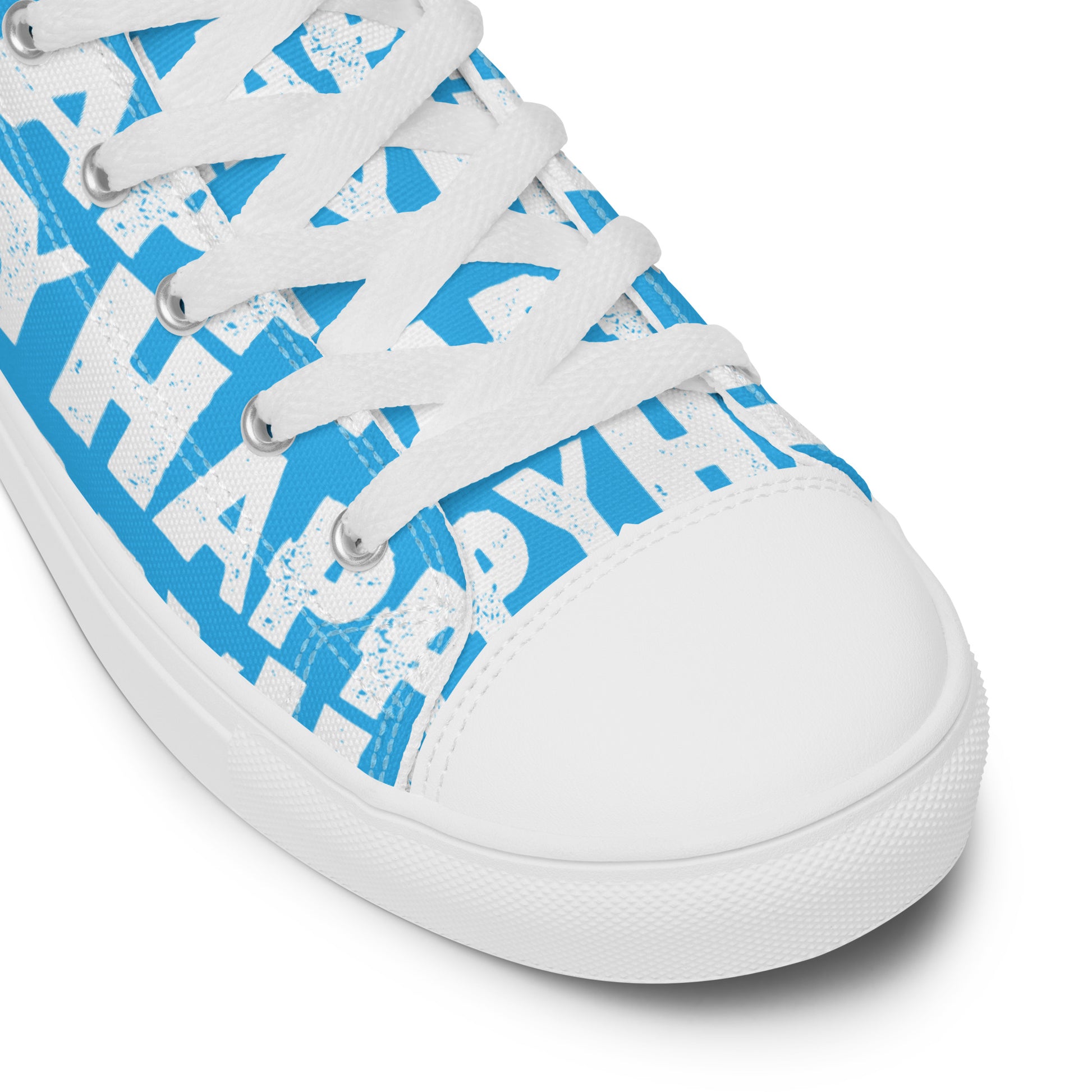 Fun Shoes blue and white Happy Sponge Print High Tops lace up White laces faux leather toe cap closeup