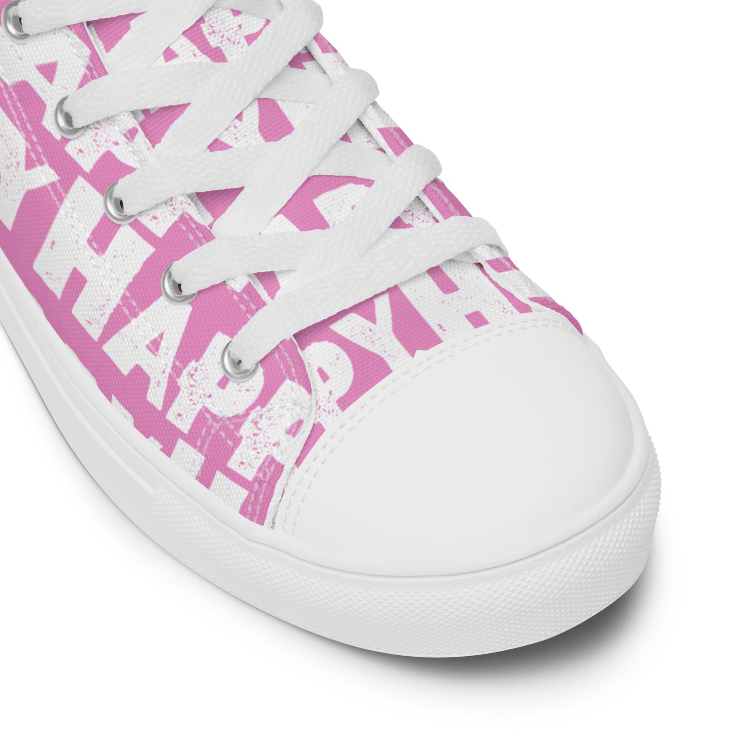 Fun Shoes pink and white Happy Sponge Print High Tops lace up White laces faux leather toe cap closeup