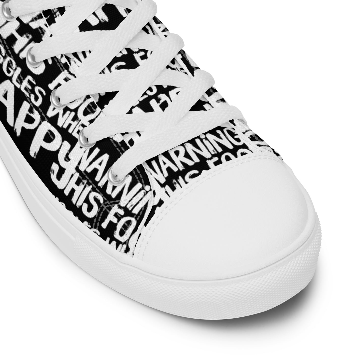 HappyStuff black high tops with playful white print Warning This Foot Jiggles When Happy white laces faux leather toe cap closeup