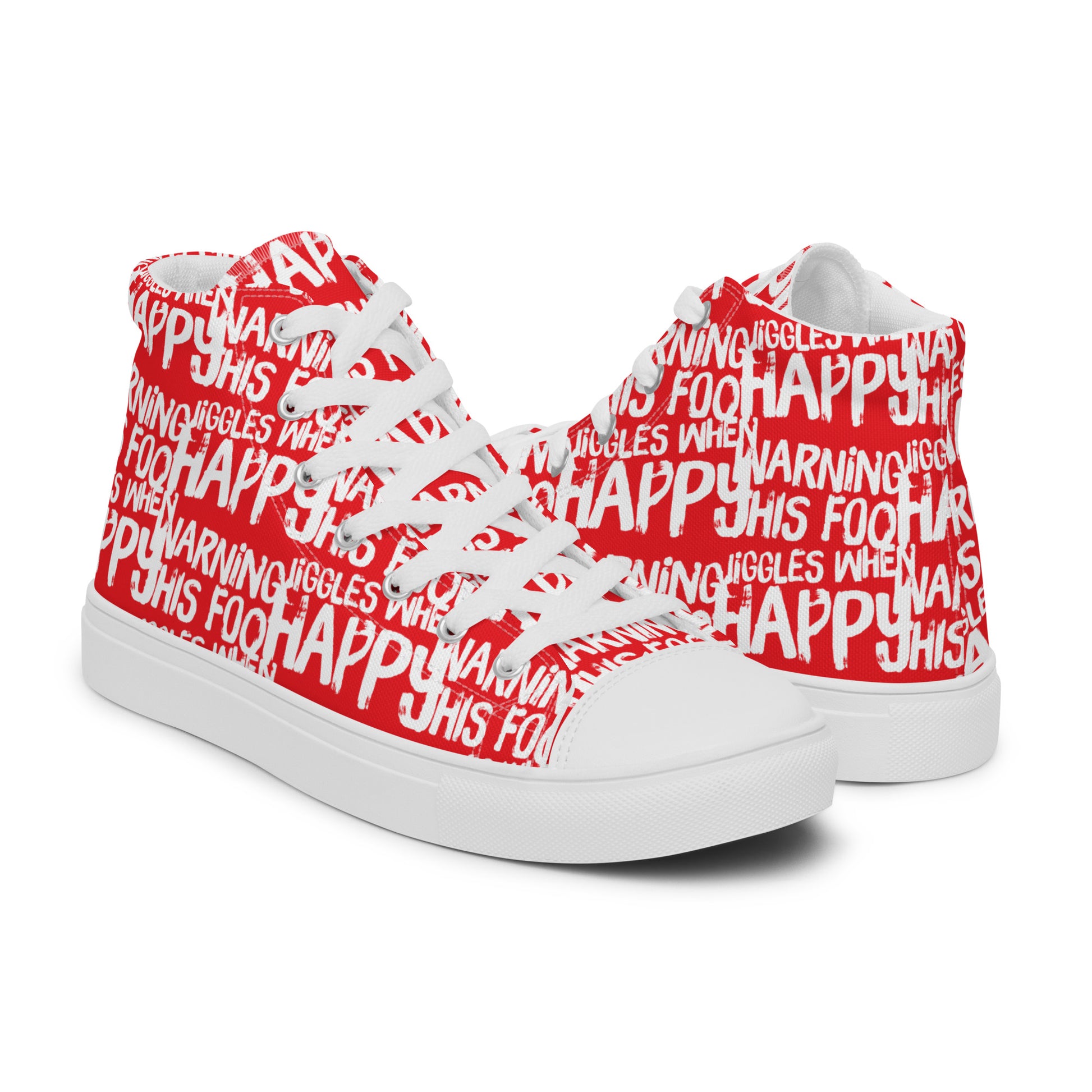 Womens red high tops with playful white print Warning This Foot Jiggles When Happy right shoe front view left shoe back view