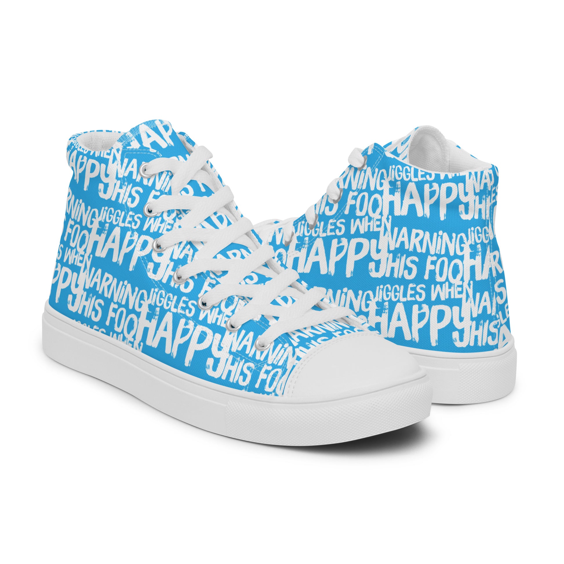 Womens blue high tops with playful white print Warning This Foot Jiggles When Happy right shoe front view left shoe back view