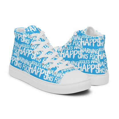 Womens blue high tops with playful white print Warning This Foot Jiggles When Happy right shoe front view left shoe back view