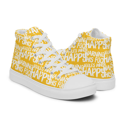 Womens yellow high tops with playful white print Warning This Foot Jiggles When Happy right shoe front view left shoe back view