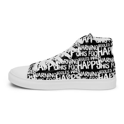 Right shoe inside view HappyStuff womens black high top sneakers with playful white print Warning This Foot Jiggles When Happy