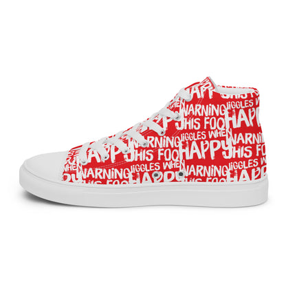 Right shoe inside view HappyStuff womens red high top sneakers with playful white print Warning This Foot Jiggles When Happy