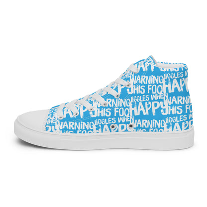 Right shoe inside view HappyStuff womens blue high top sneakers with playful white print Warning This Foot Jiggles When Happy