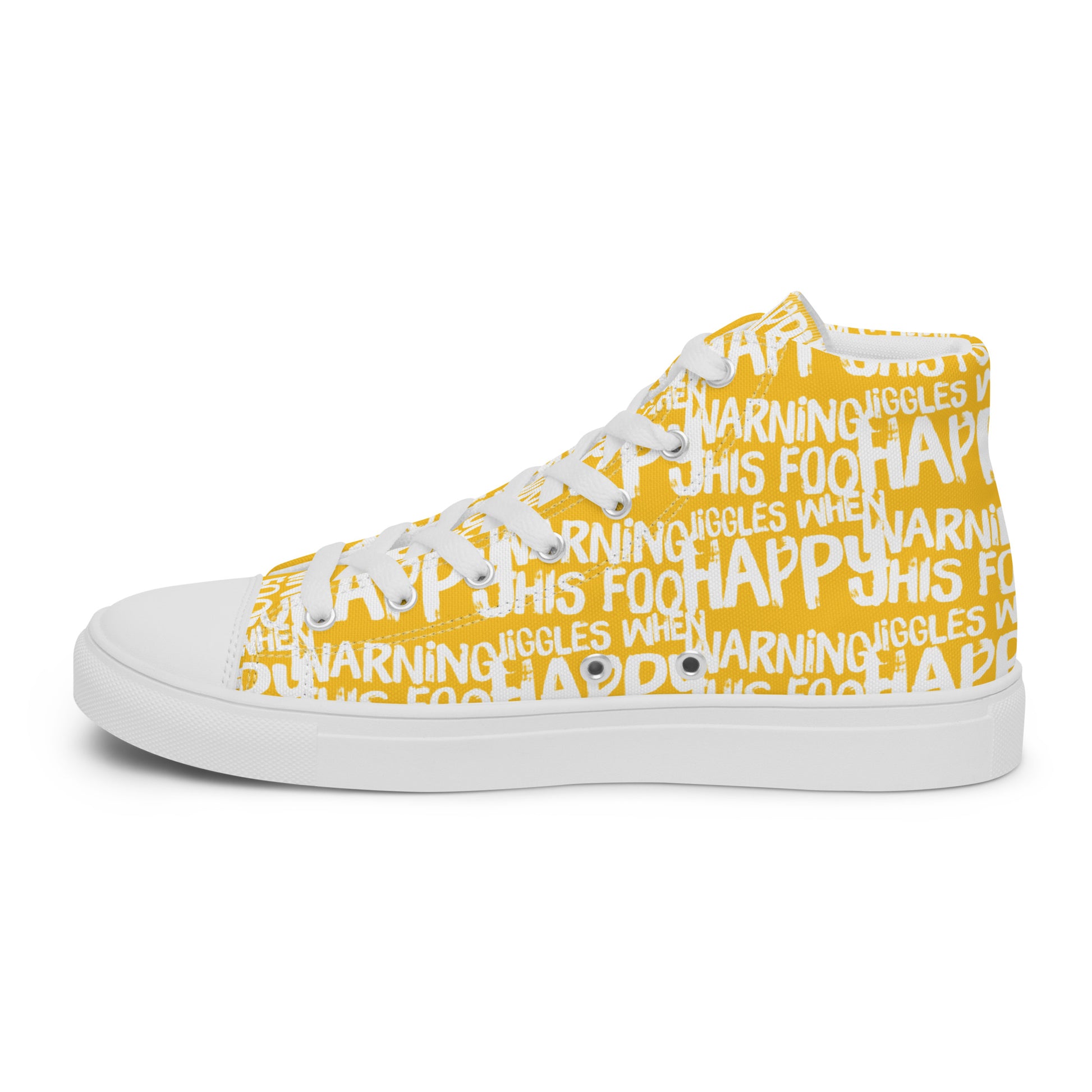 Right shoe inside view HappyStuff womens yellow high top sneakers with playful white print Warning This Foot Jiggles When Happy