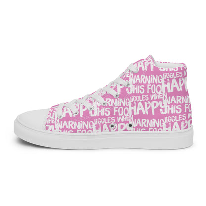 Right shoe inside view HappyStuff womens pink high top sneakers with playful white print Warning This Foot Jiggles When Happy