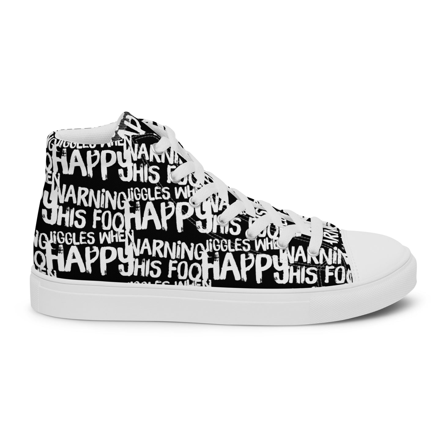 Right shoe side view HappyStuff womens black high top sneakers with playful white print Warning This Foot Jiggles When Happy