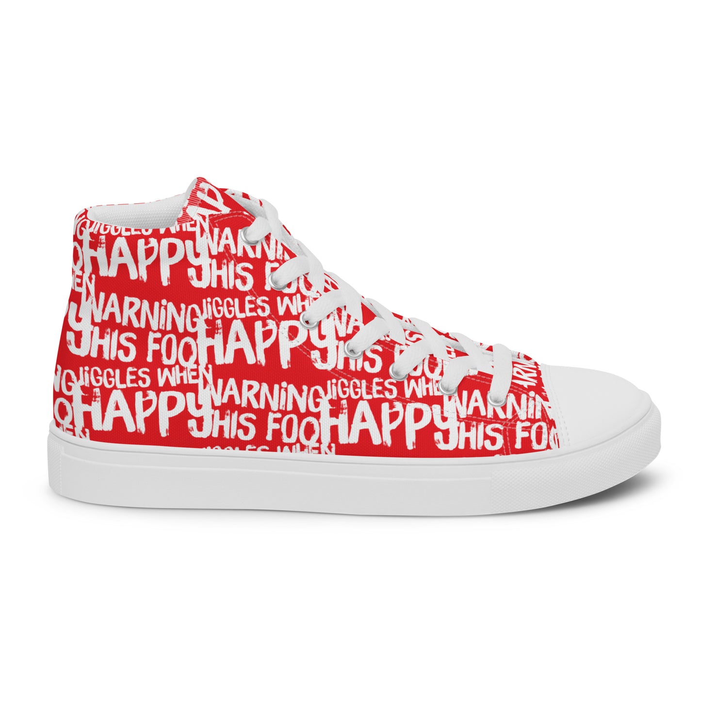 Right shoe side view HappyStuff womens red high top sneakers with playful white print Warning This Foot Jiggles When Happy