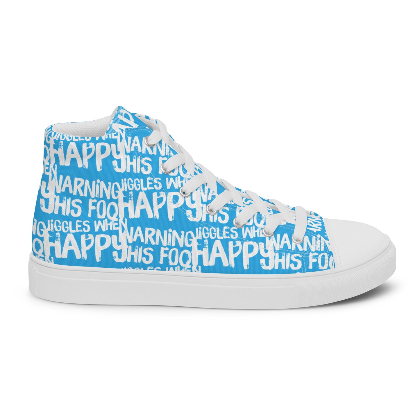 Right shoe side view HappyStuff womens blue high top sneakers with playful white print Warning This Foot Jiggles When Happy