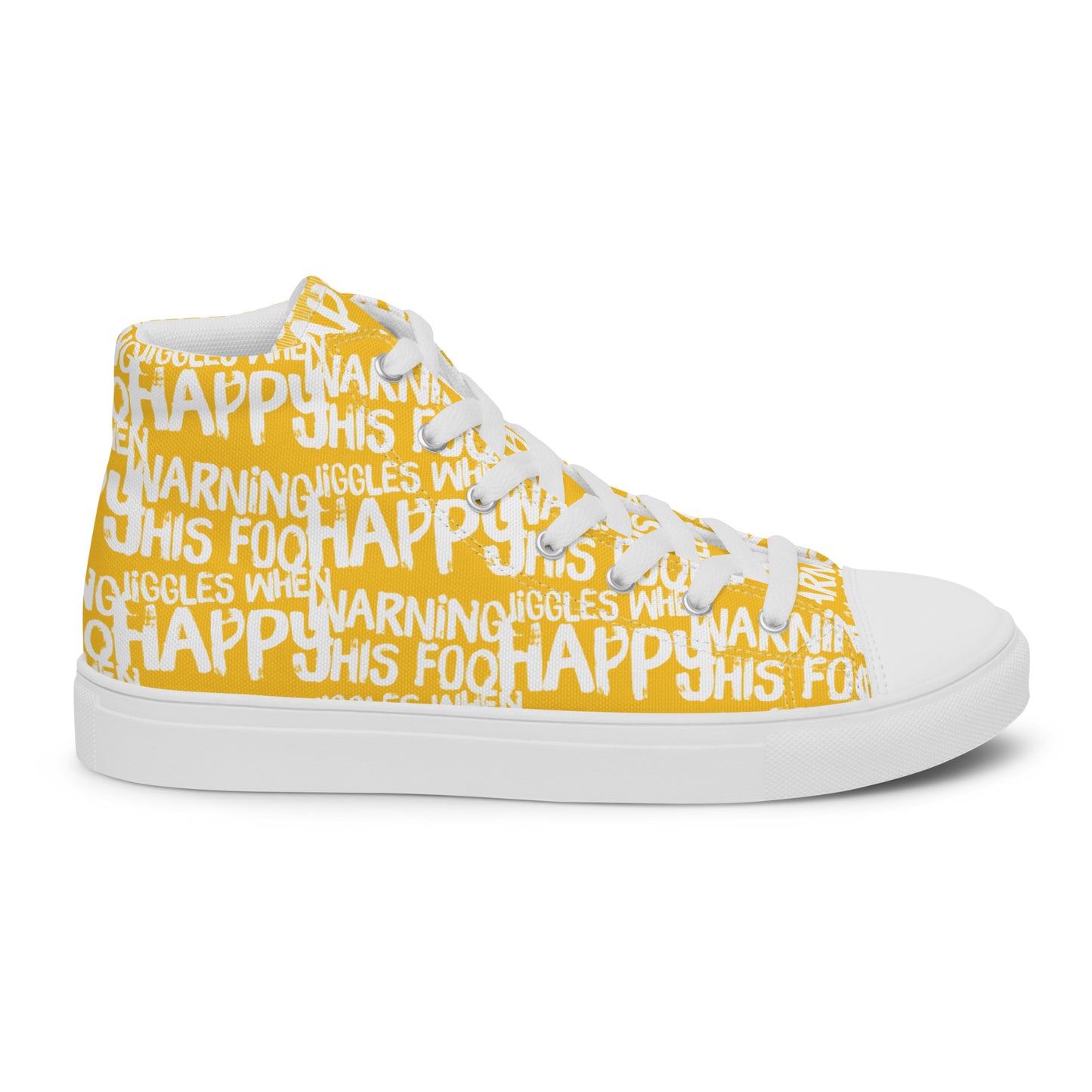 Right shoe side view HappyStuff womens yellow high top sneakers with playful white print Warning This Foot Jiggles When Happy